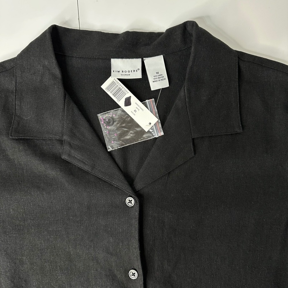 Kim Rogers Linen Blend Shirt Black Beaded Floral Embroidered Button Up Sz 1X - Picture 9 of 16